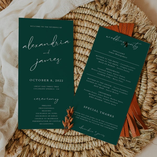 TINLEY - Deep Forest Green Wedding Program, Minimalist Program, Teal Program, editable program, printable program, wintergreen program, diy