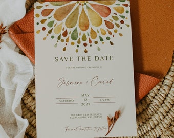 MIKA - Boho Mandala Save the Date, Wedding Invitation, Instant Download, Editable Wedding Save the Date, Unique, yellow invite, retro, diy