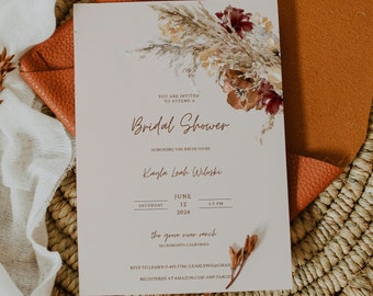 KAYDENCE - Rust Boho Bridal Shower Invitation, Pampass Grass, burnt orange, Instant Download, Editable, Fall Wedding, DIY bridal shower