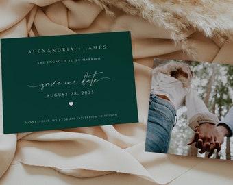 TINLEY - Deep Forest Green Save the Date, Minimalist Invite, Teal save the date card, printable, wintergreen invite, diy, simple, chic, blue