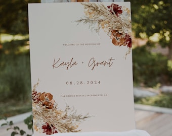 KAYDENCE - Rust Boho Wedding Welcome Sign, Pampass Grass, burnt orange, Instant Download, Editable wedding sign, Fall Wedding, DIY welcome