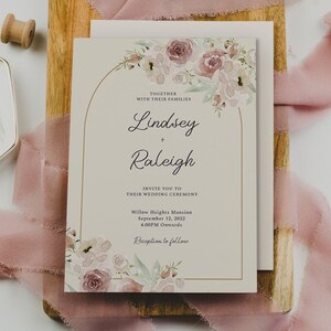 RALEIGH Soft Floral Arch Wedding Invitation Suite, Roses and Peonies, Neutral wedding invite, Boho Invitation Template, Instant Download image 1