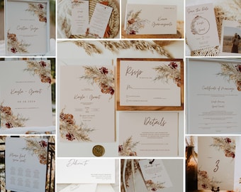 KAYDENCE - Rust Boho Wedding Invitation Collection, Pampass Grass, Instant Download, Editable invitation set, Fall Wedding invite suite, DIY