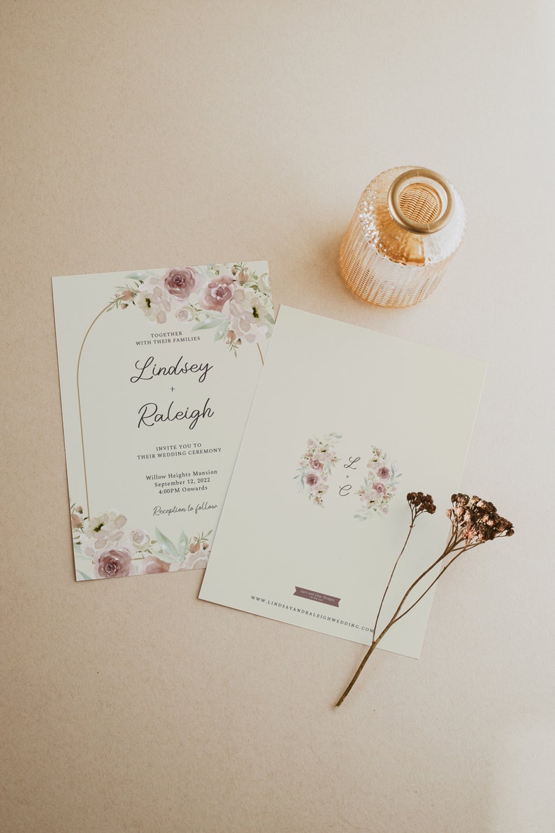 RALEIGH Soft Floral Arch Wedding Invitation Suite, Roses and Peonies, Neutral wedding invite, Boho Invitation Template, Instant Download image 8