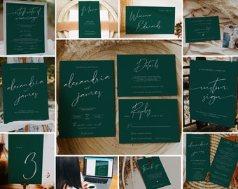 TINLEY - Deep Forest Green Invitation Collection, Minimalist Invite, Teal Invitation set, printable, emerald wedding, diy, simple, chic