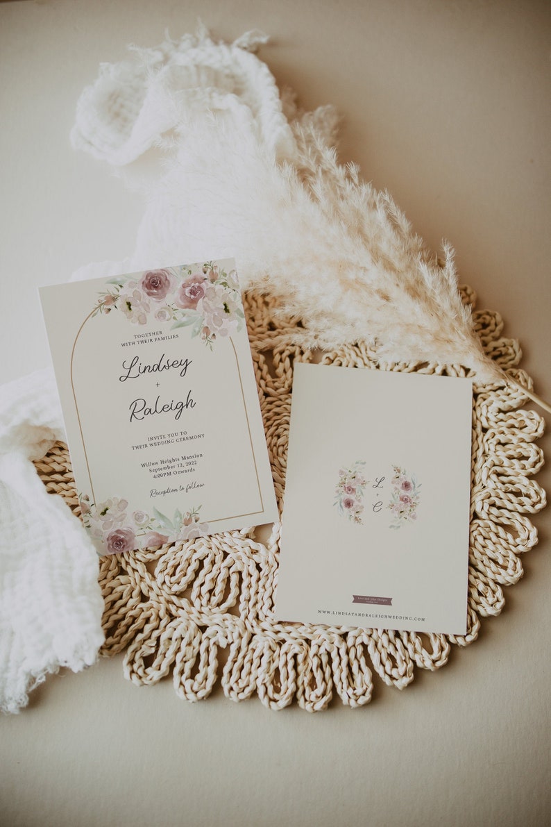 RALEIGH Soft Floral Arch Wedding Invitation Suite, Roses and Peonies, Neutral wedding invite, Boho Invitation Template, Instant Download image 2