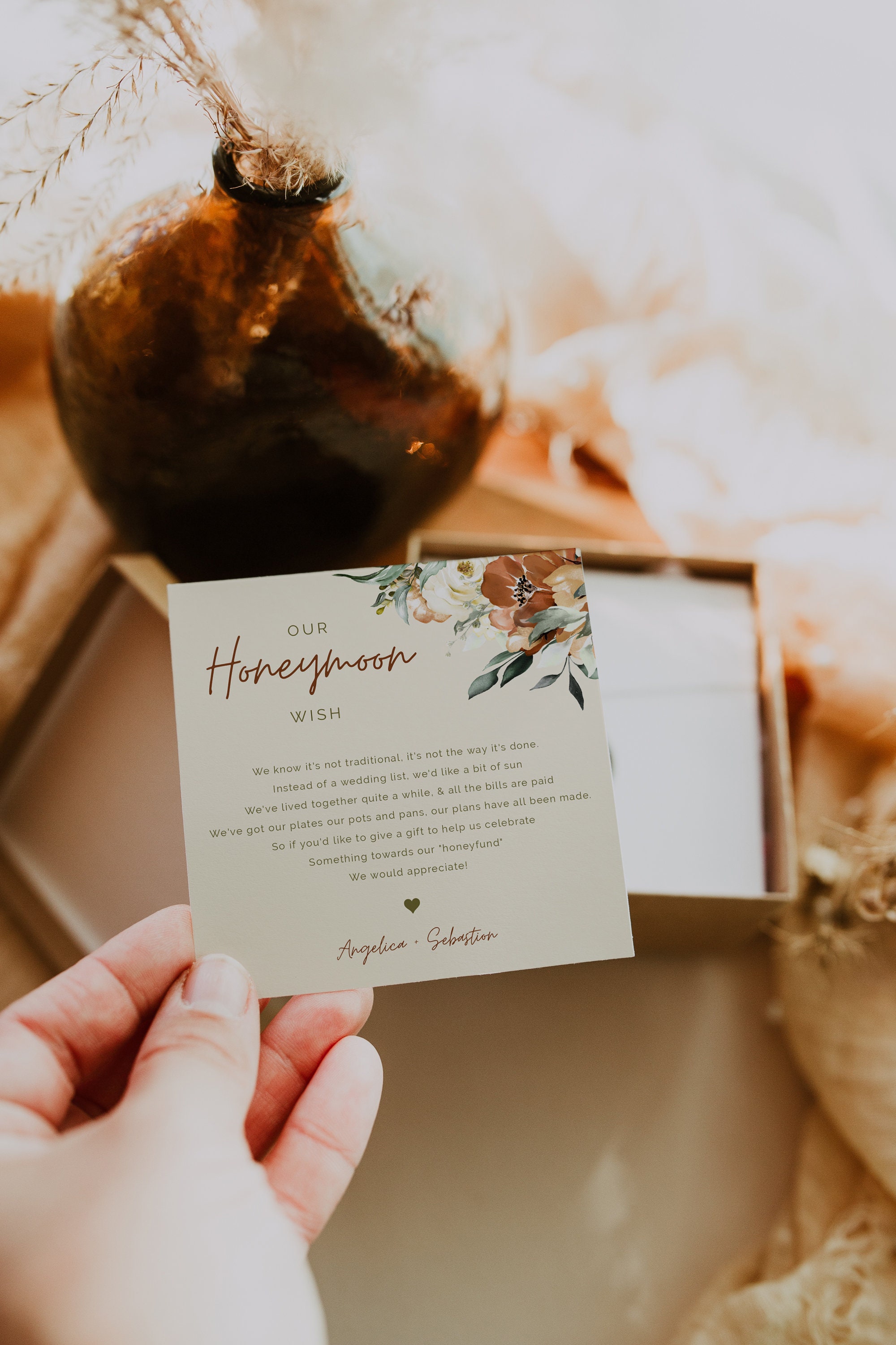 JUNIPER - Honeymoon Wish Card, Boho Fall Wedding, Honeymoon card, Template, Instant Download, Editable, rust and orange floral, honeymoon