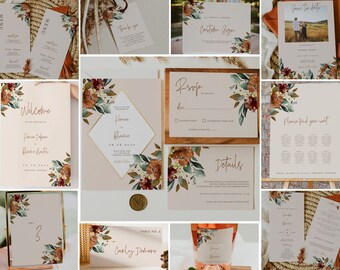 CLOVE - Rust Fall Wedding Collection, Fall Leaves Invitation, Instant Download, Editable Template, Printable boho wedding bundle, huge set