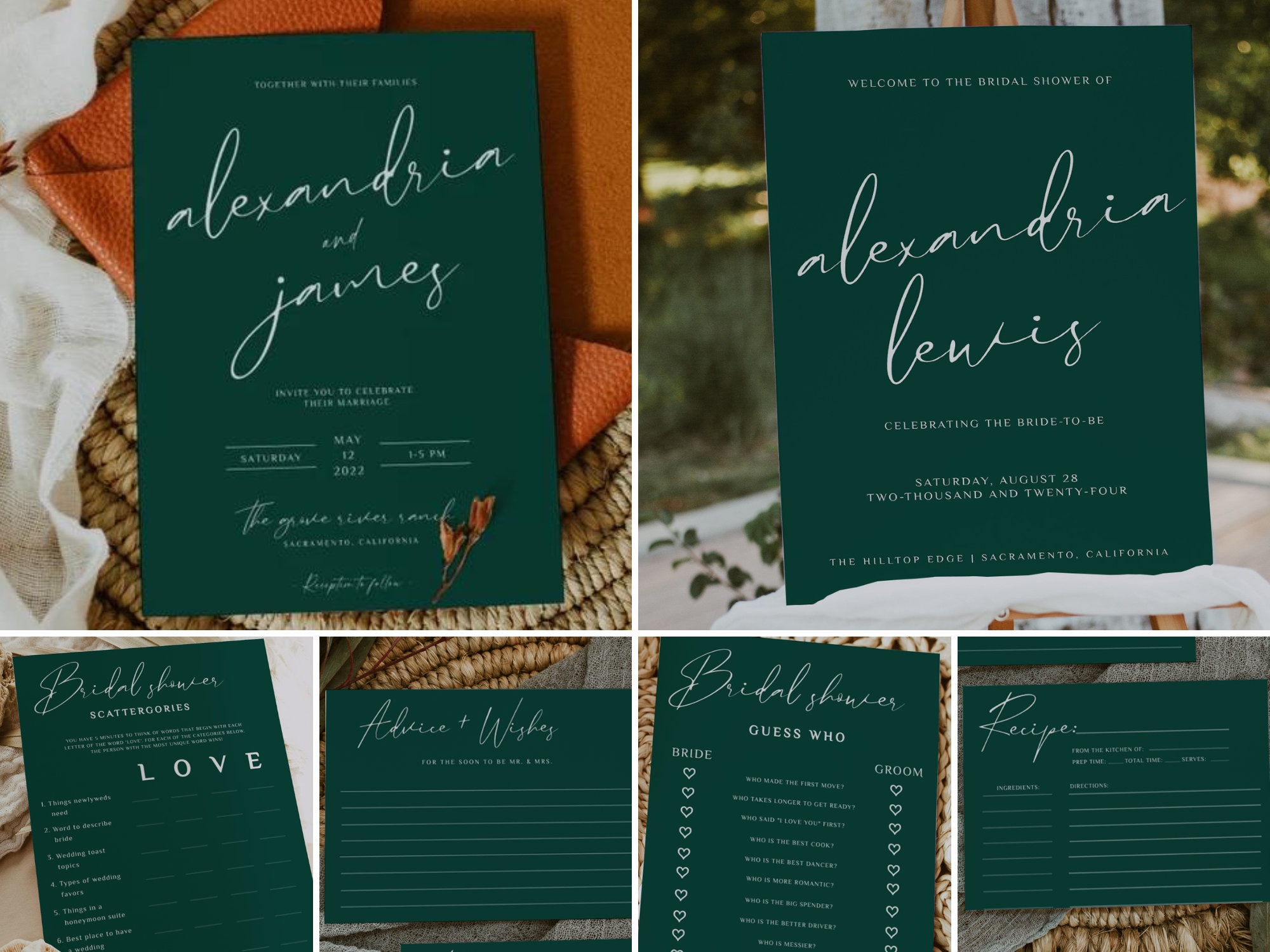 TINLEY - Forest Green Bridal Shower Bundle, Couples Shower Set, Instant Download, Bridal Shower Invitation set, Printable, Teal Invitation