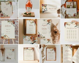 JUNIPER - Boho Fall Wedding Collection, Wedding Invitation Template, Instant Download, Editable Wedding Bundle, Printable Fall Wedding Set