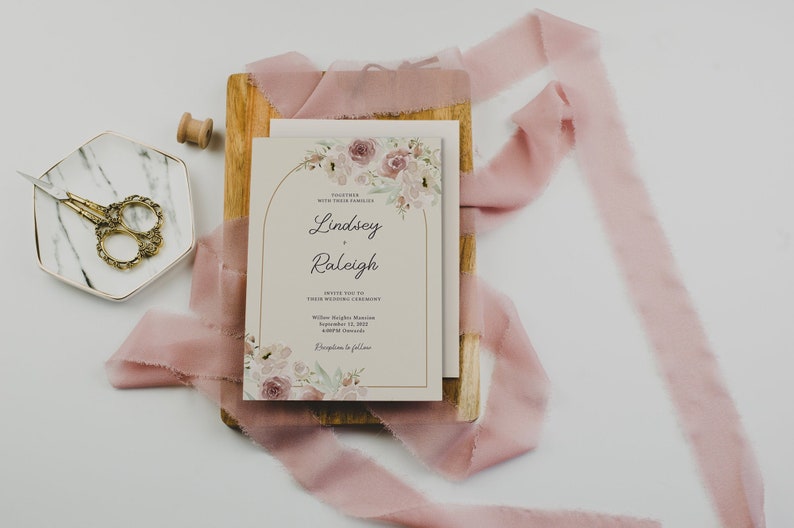 RALEIGH Soft Floral Arch Wedding Invitation Suite, Roses and Peonies, Neutral wedding invite, Boho Invitation Template, Instant Download image 1