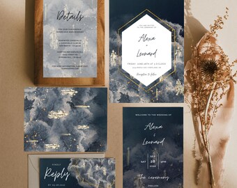 PARVATI - Magical Floating Candles Invitation Set, Winter Wedding Invitation, Instant Download, Magical Invite, Navy Invitation, diy