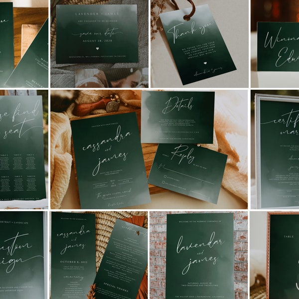 LYRA - Minimalist Forest Green Wedding Collection, Modern Wedding Bundle, Template, Instant Download, Editable Wedding Set, DIY