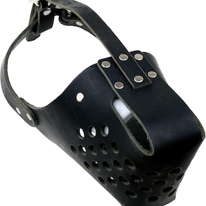 May include: Black leather dog muzzle with a perforated front for ventilation. The muzzle features a head strap and buckle closure. The design includes multiple rivets for reinforcement and a comfortable fit.