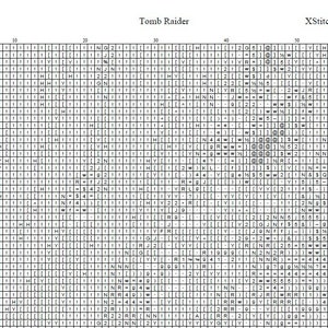 Puede incluir: Un gr&aacute;fico de patr&oacute;n de punto de cruz para "Tomb Raider" con una cuadr&iacute;cula de s&iacute;mbolos y letras. La parte superior del gr&aacute;fico incluye el t&iacute;tulo "Tomb Raider" y "XStitchPDFPatterns". La p&aacute;gina est&aacute; etiquetada como "P&aacute;gina 1".