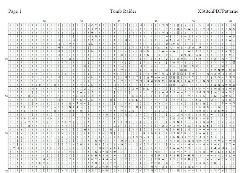 Puede incluir: Un gr&aacute;fico de patr&oacute;n de punto de cruz para "Tomb Raider" con una cuadr&iacute;cula de s&iacute;mbolos y letras. La parte superior del gr&aacute;fico incluye el t&iacute;tulo "Tomb Raider" y "XStitchPDFPatterns". La p&aacute;gina est&aacute; etiquetada como "P&aacute;gina 1".
