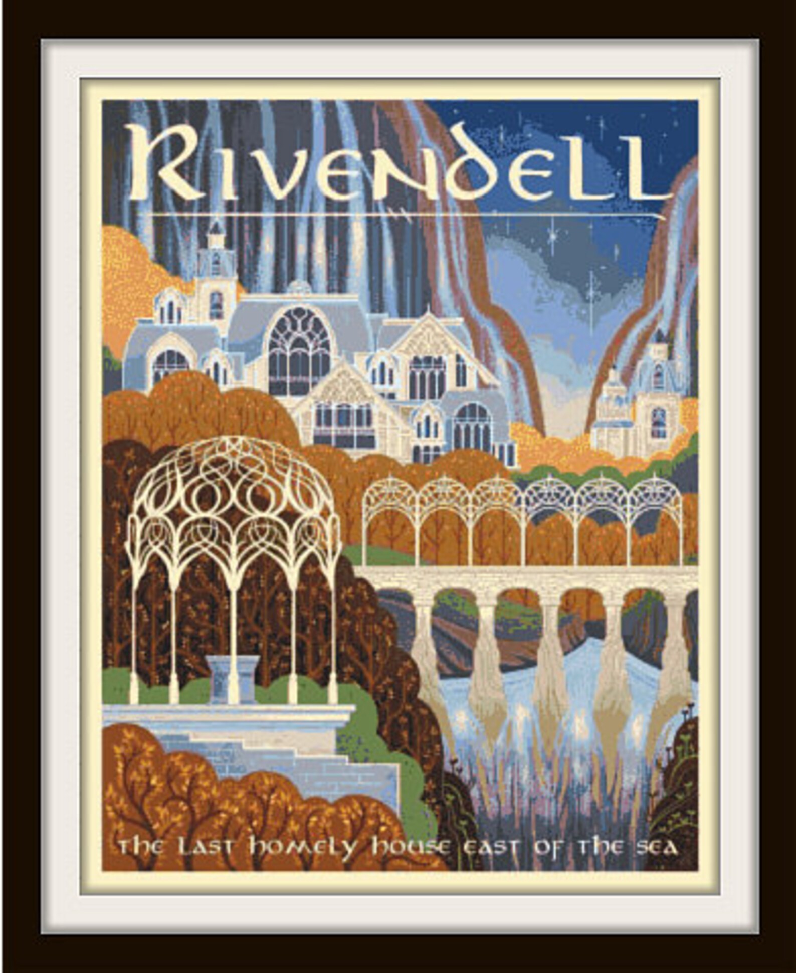 LOTR Rivendell Travel Poster cross stitch pattern pdf format | Etsy