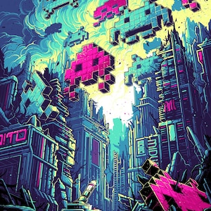 Puede incluir: Una ilustración digital de una ciudad futurista en ruinas, con naves espaciales pixeladas volando por encima. La ciudad es una mezcla de azul, verde y morado, con un tanque en primer plano. Las naves espaciales son rosas y azules.