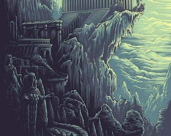 May include: A digital illustration of the Temple of Artemis at Ephesus, one of the Seven Wonders of the Ancient World. The temple is depicted on a cliff overlooking a mountainous landscape with clouds in the background.