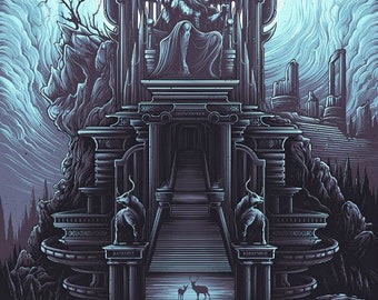 May include: A detailed illustration of the Statue of Zeus at Olympia, one of the Seven Ancient Wonders. The statue is depicted in a grand temple setting with a throne, columns, and a staircase. The image is rendered in shades of blue and gray, creating a dramatic and atmospheric effect.