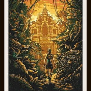 Puede incluir: Una impresi&oacute;n ilustrada que representa a una mujer caminando hacia un templo en un entorno selv&aacute;tico. La obra de arte est&aacute; en tonos verdes, marrones y dorados, con una gran rueda de piedra en el lado derecho. La impresi&oacute;n est&aacute; enmarcada con un borde blanco.