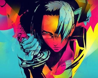 May include: A colorful digital illustration of a person with blue and white hair holding a sword. The background is a vibrant mix of pink, blue, yellow, and green.