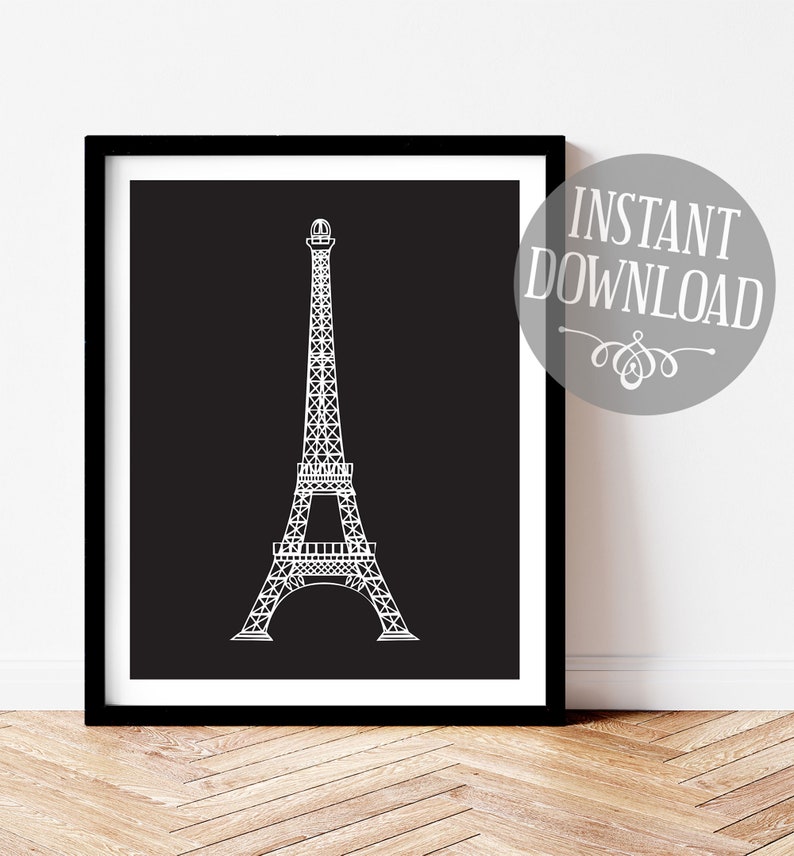 Eiffel Tower Wall Art Printable Black and White Minimalist | Etsy