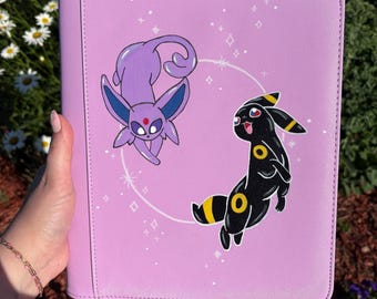 Espeon and Umbreon Pokemon painted binder - custom pink purple 4 card top loader binder - hand painted
