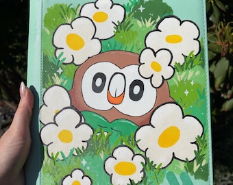 Pokemon Rowlet painted binder - custom mint green 4 card top loader binder - hand painted