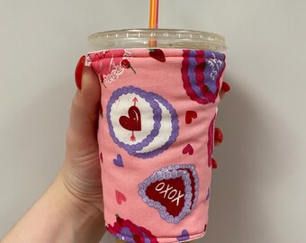 Handmade Coffee Sleeve - 100% cotton coffee cozy - Pink Heart Cake Trendy Valentine