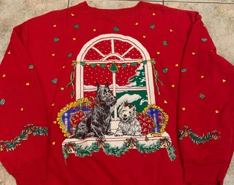 Vintage dog Christmas crewneck Sweatshirt size XL 1990s 80s