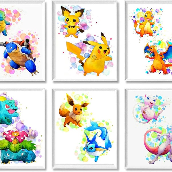 Pokemon Posters Wall Decor – Set of 6 Pokemon Prints 8x10 Inch, Watercolor Painting Anime Decor for Kids Room Birthday Decoration Wall Art