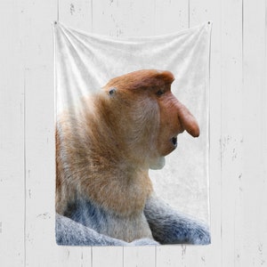 May include: A close-up of a Proboscis monkey, also known as a long-nosed monkey, with a large, fleshy nose. The monkey has a reddish-brown fur and is sitting on a white background.