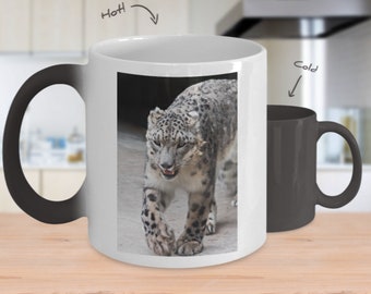 Taza de cambio de color del leopardo de las nieves, taza cambiante del color del leopardo de las nieves, regalo del amante del leopardo, idea del regalo