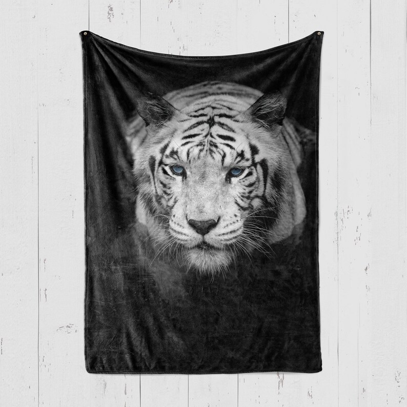 Puede incluir: Un tigre blanco con ojos azules mira directamente a la c&aacute;mara. El tigre est&aacute; enfocado, mientras que el fondo est&aacute; desenfocado y oscuro.