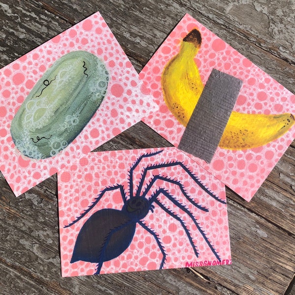 Three 5" x 7" ART PRINTS of Acrylic Paintings - Set of 3 - Pink Polka Dot Bubble Series - Duct Tape Banana, Hairy Soap, and Smiling Spider