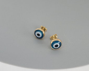 Evil Eye Earrings, 18K Gold Filled Jewelry, Round Earrings, Blue Evil Eye Studs, Protection Earrings, Mal de Ojo Earrings, Dainty Evil Eye.