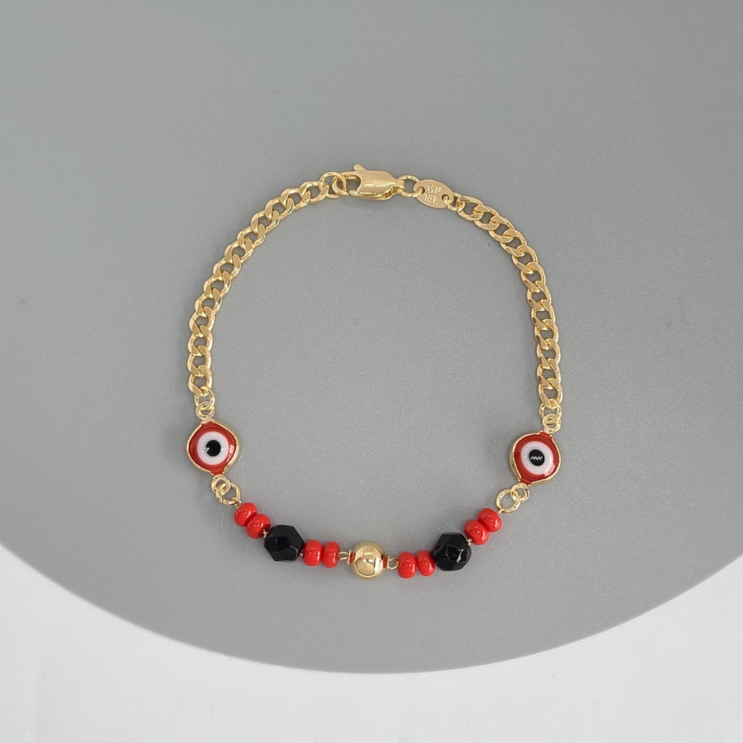 Evil Eye Azabache Bracelet, 18K Gold Filled Bracelet, Curb Link