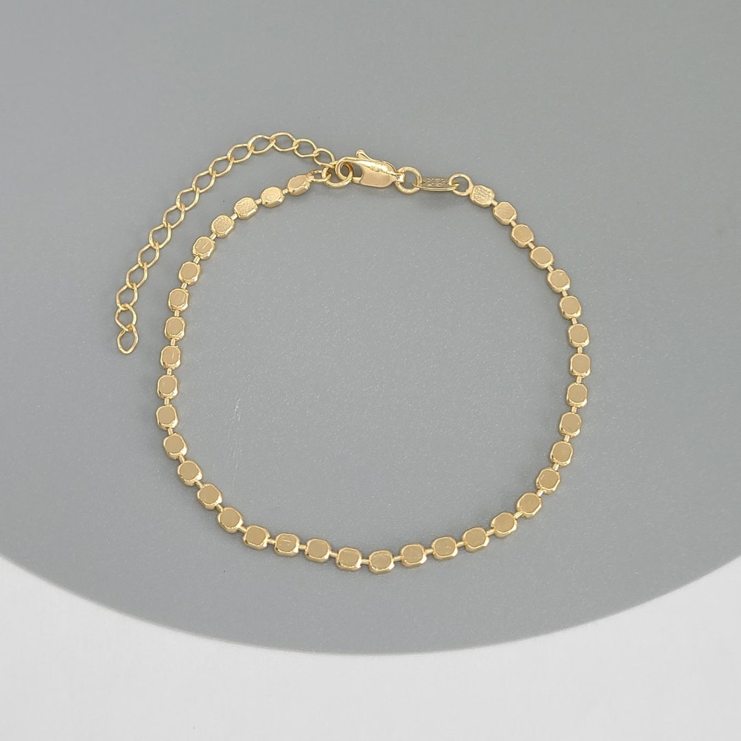 Flat Bead Bracelet, 18K Gold Filled Bracelet, Round Circle Link, Dainty