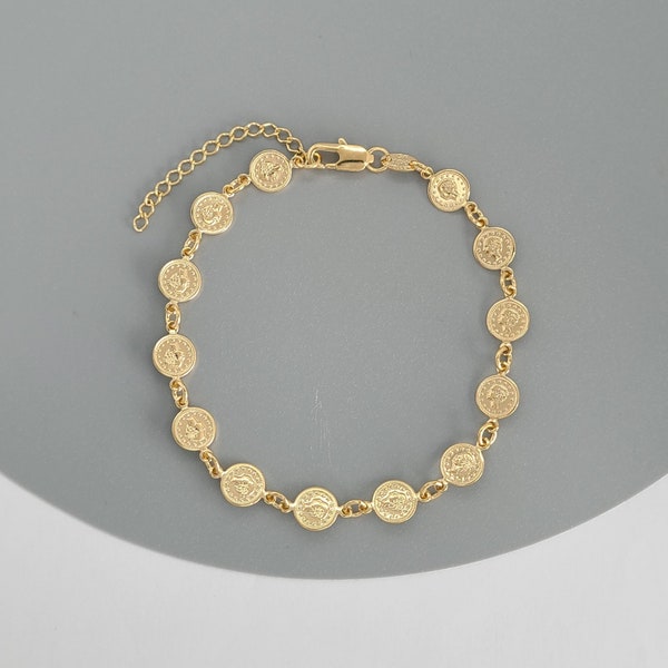 Bracelet à maillons médaille, bracelet en or 18 carats, bijoux de tous les jours, bracelet à maillons superposés, bracelet pièce de monnaie français, bracelet médaille ronde.