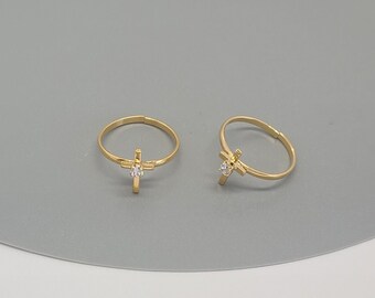 Cross Toe Ring, 18K Gold Filled Jewelry, Adjustable Ring, Mid Finger Ring, Gift for Her, Kids Dainty Zircon Ring, Religious Ring, Cross Ring