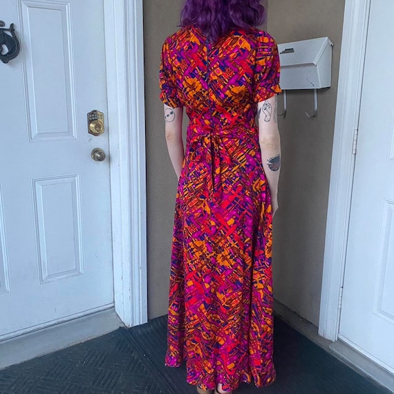 1970s Citrus Silk Print Maxi Dress
