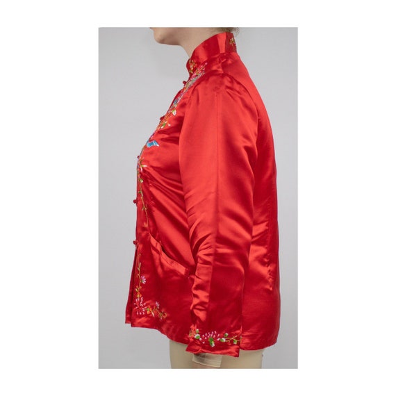 Vintage Red Silk Rayon Embroidered Bird Bed Jacket - image 3