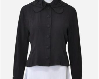 Vintage Black Wool Blend Blouse, Chantal Fortin Paris, Collar Detail, Medium