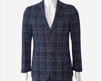Harry Rosen Munro blue plaid blazer Italian Suri Alpaca Wool blend US Size 36, about XS