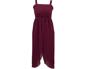 Burgundy Chiffon Flowy Tiered Asymmetrical Midi Dress