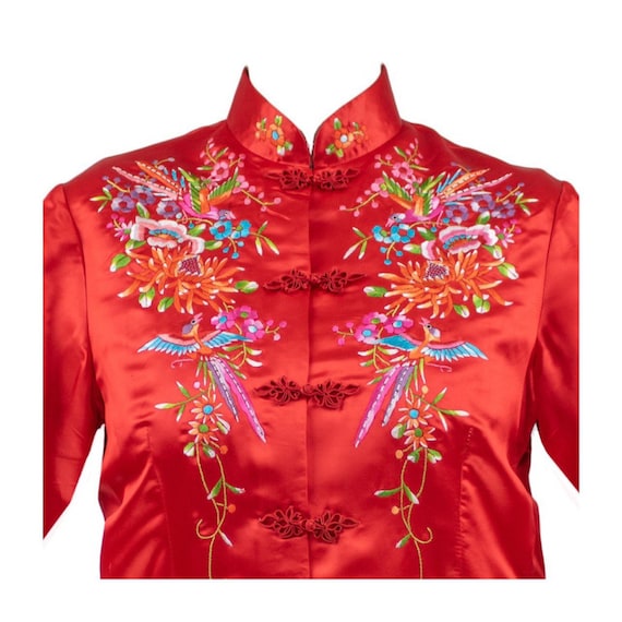Vintage Red Silk Rayon Embroidered Bird Bed Jacket - image 2