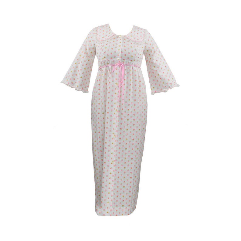 Vintage 1960s Peignoir Cotton White Pink Gunne Sax Style Housedress Peter Pan Lace Collar Floral Soft Girl Prairie Slip Dress image 1
