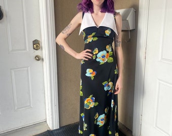 1970s Black Floral Maxi Dress