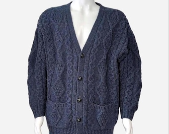Vintage Aran Crafts Irish Wool Navy Cable Knit 100% Wool Button up cardigan made in Ireland Size Extra Large